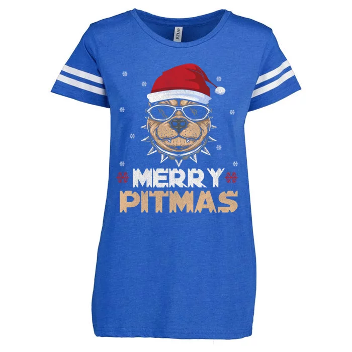 Backprint Merry Pitmas Pitbull Christmas Hat Gift Enza Ladies Jersey Football T-Shirt