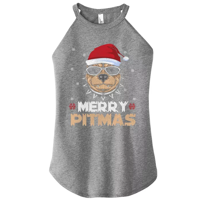 Backprint Merry Pitmas Pitbull Christmas Hat Gift Women’s Perfect Tri Rocker Tank