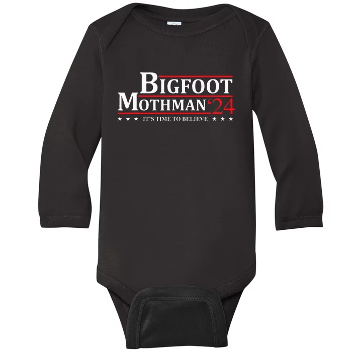 Bigfoot Mothman President 2024 Election Campaign Baby Long Sleeve Bodysuit