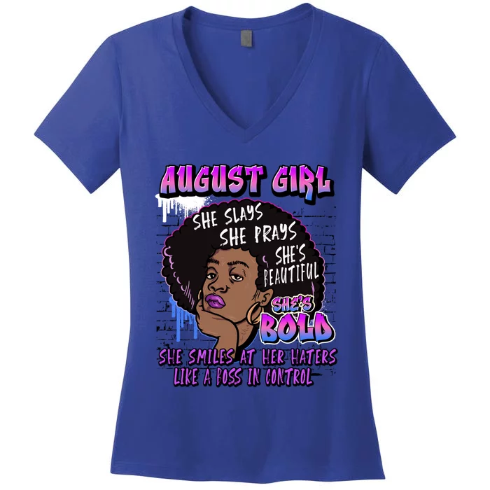 Black Melanin Queen August Afro Birthday Virgo Leo Gift Women's V-Neck T-Shirt