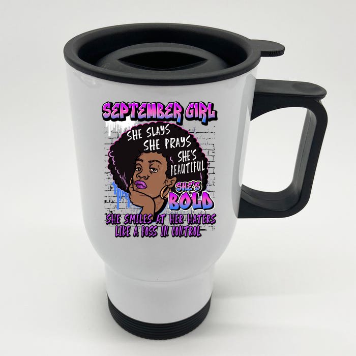 Black Melanin Queen September Afro Birthday Virgo Libra Gift Front & Back Stainless Steel Travel Mug