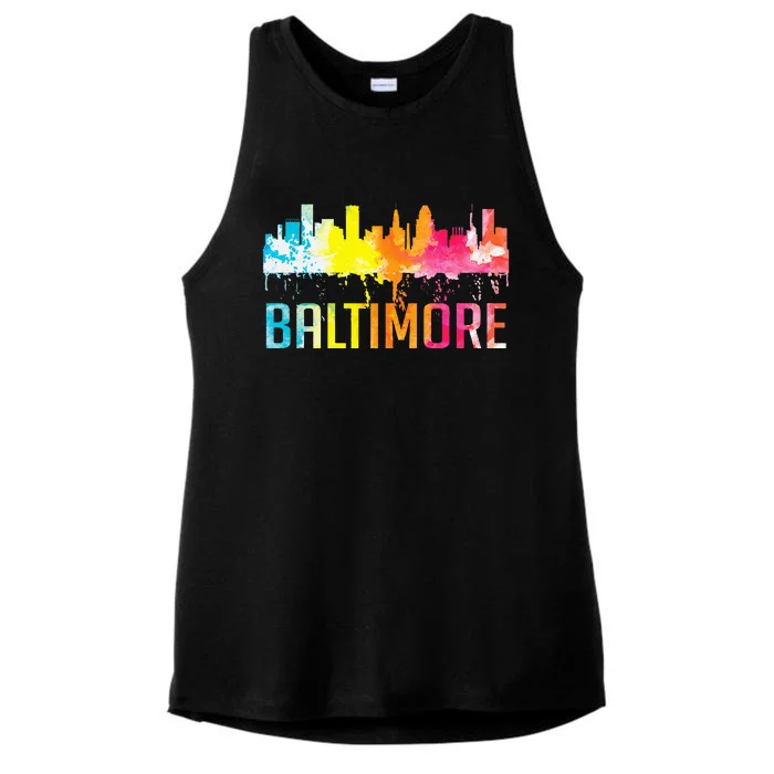 Baltimore Maryland Retro Watercolor Skyline Art Souvenir Ladies Tri-Blend Wicking Tank