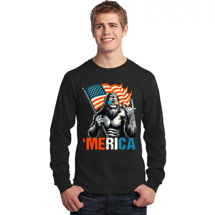 Bigfoot Merica Rock American Flag Patriotic Tall Long Sleeve T-Shirt