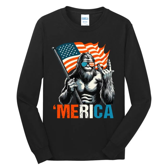 Bigfoot Merica Rock American Flag Patriotic Tall Long Sleeve T-Shirt