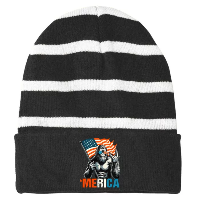 Bigfoot Merica Rock American Flag Patriotic Striped Beanie with Solid Band