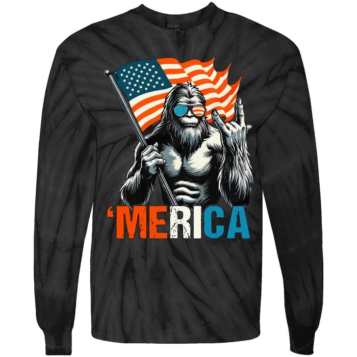 Bigfoot Merica Rock American Flag Patriotic Tie-Dye Long Sleeve Shirt