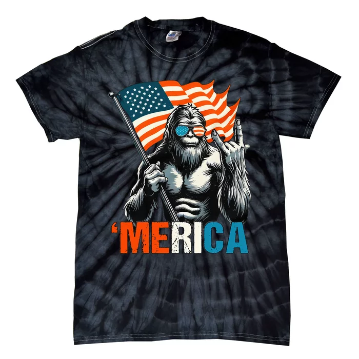 Bigfoot Merica Rock American Flag Patriotic Tie-Dye T-Shirt