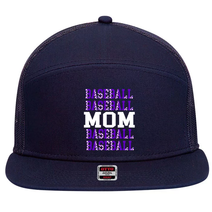 Baseball Mom Repeating Purple White Sports Mom Gift 7 Panel Mesh Trucker Snapback Hat