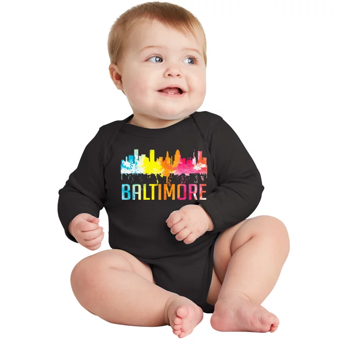 Baltimore Maryland Retro Watercolor Skyline Art Souvenir Baby Long Sleeve Bodysuit