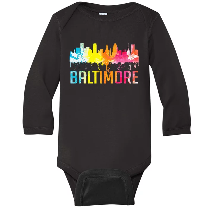 Baltimore Maryland Retro Watercolor Skyline Art Souvenir Baby Long Sleeve Bodysuit