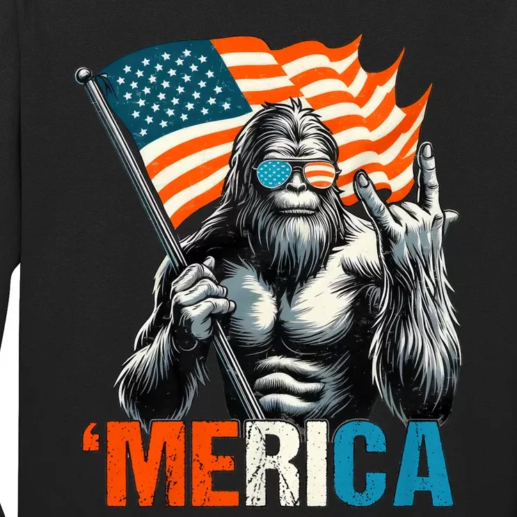 Bigfoot Merica Rock American Flag Patriotic 4th Of July Long Sleeve Shirt