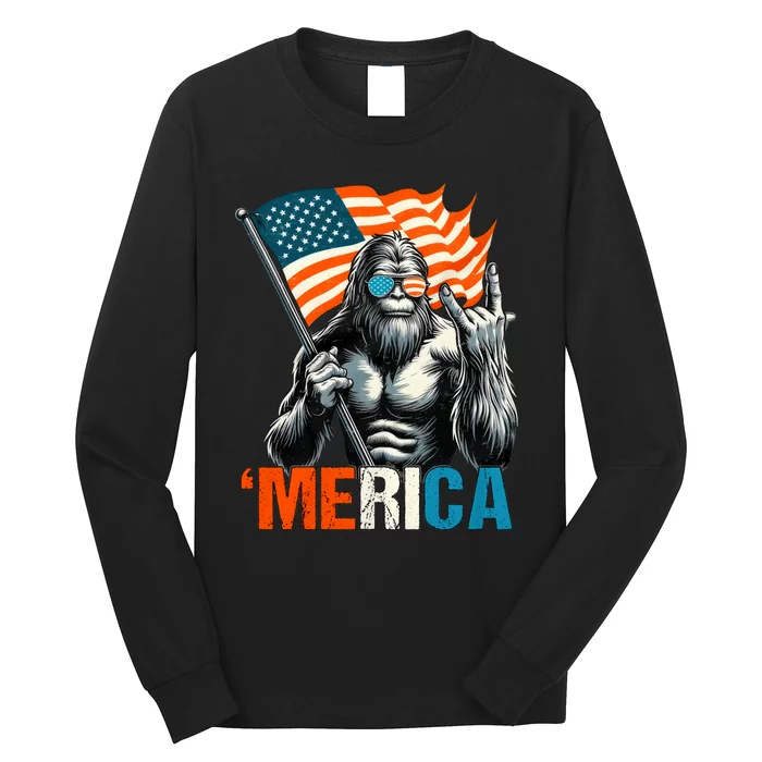 Bigfoot Merica Rock American Flag Patriotic 4th Of July Long Sleeve Shirt