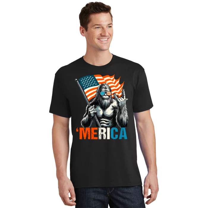 Bigfoot Merica Rock American Flag Patriotic 4th Of July T-Shirt