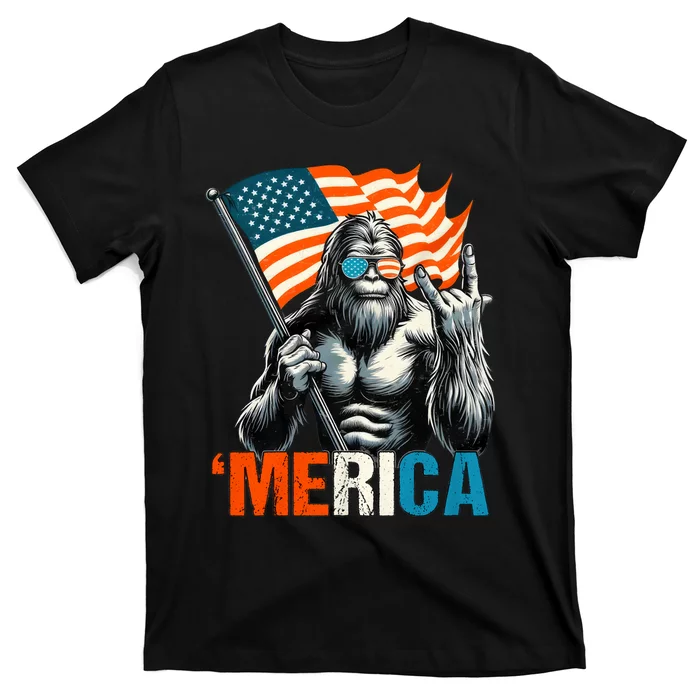 Bigfoot Merica Rock American Flag Patriotic 4th Of July T-Shirt