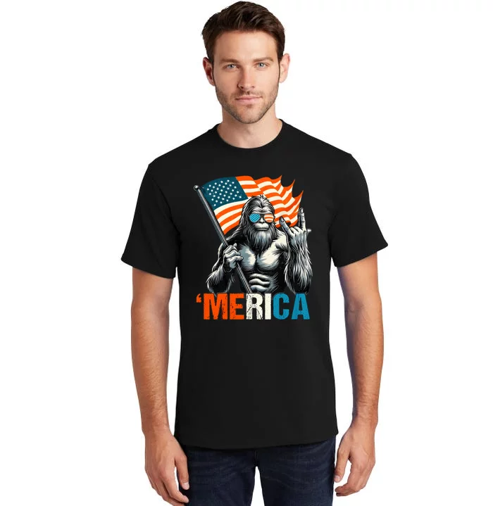 Bigfoot Merica Rock American Flag Patriotic 4th Of July Tall T-Shirt