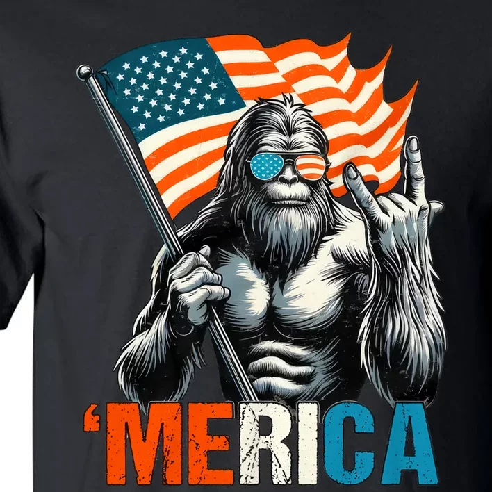 Bigfoot Merica Rock American Flag Patriotic 4th Of July Tall T-Shirt