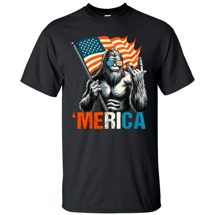 Bigfoot Merica Rock American Flag Patriotic 4th Of July Tall T-Shirt