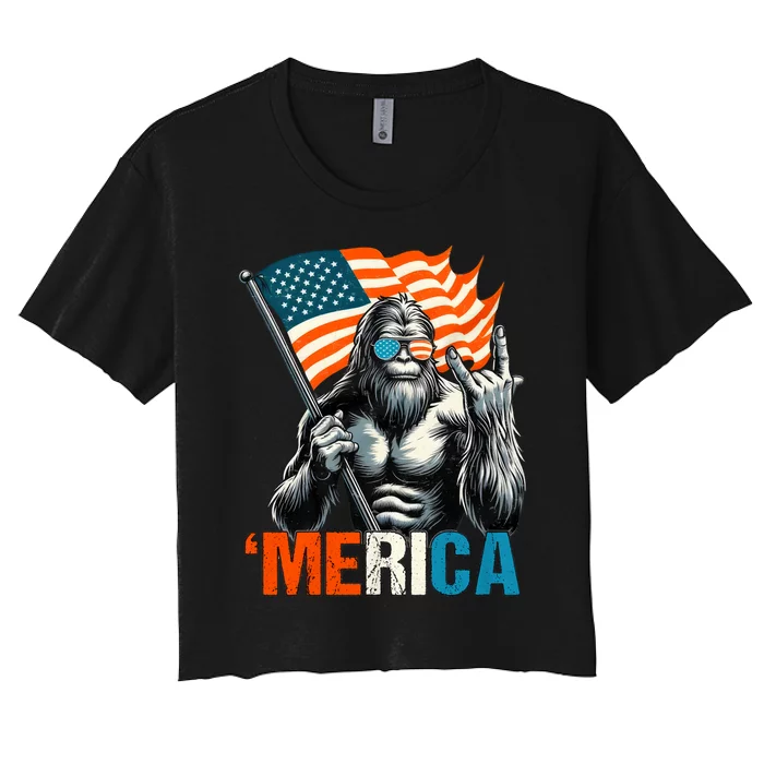 Bigfoot Merica Rock American Flag Patriotic 4th Of July Women's Crop Top Tee