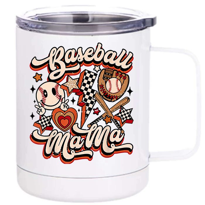 Baseball Mama Retro Groovy Baseball Softball Mom Smile Face Front & Back 12oz Stainless Steel Tumbler Cup