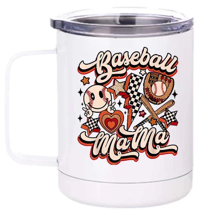 Baseball Mama Retro Groovy Baseball Softball Mom Smile Face Front & Back 12oz Stainless Steel Tumbler Cup