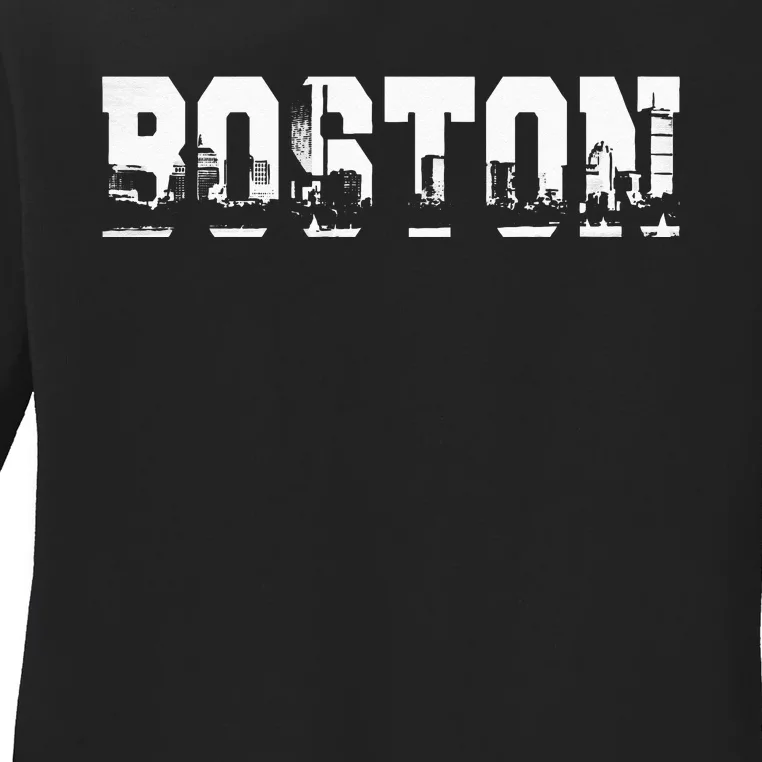 Boston Massachusetts Skyline Graphic Apparel Ladies Long Sleeve Shirt