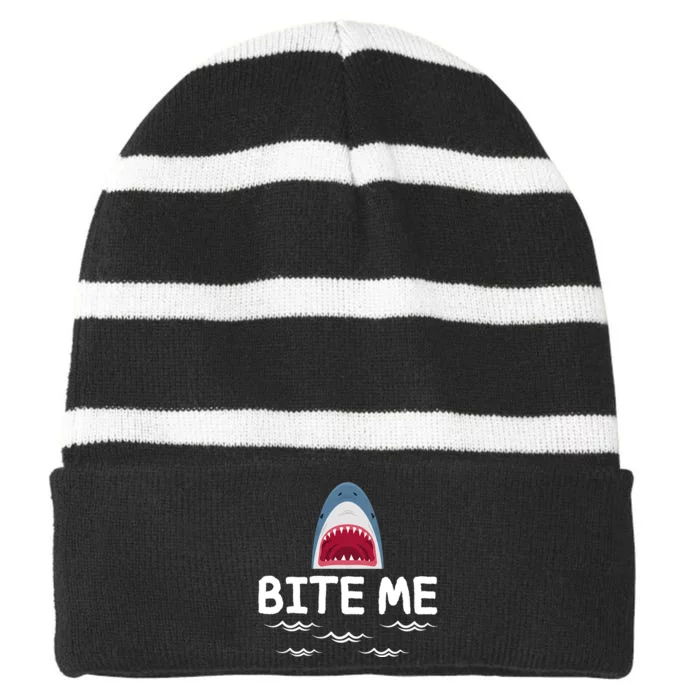 Bite Me Shark Lover Week Awareness Animal Ocean Summer Striped Beanie with Solid Band