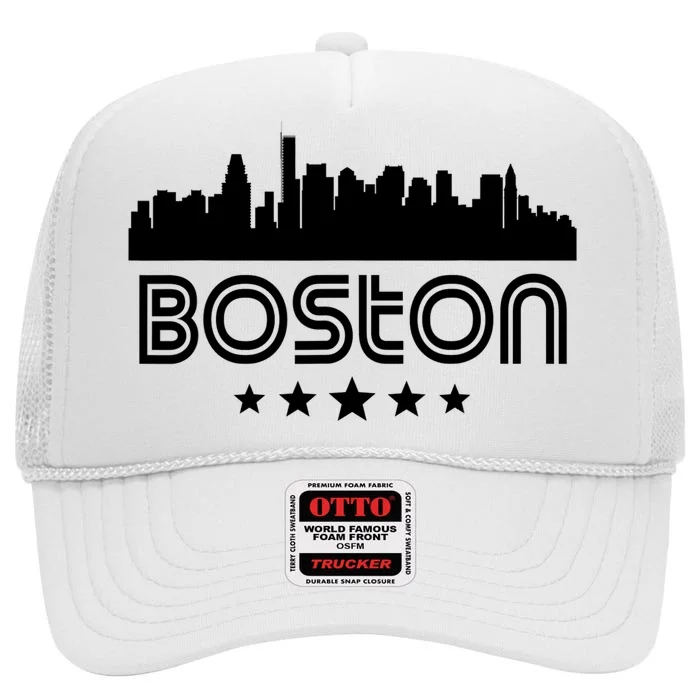 Boston Massachusetts Skyline Retro Style High Crown Mesh Trucker Hat