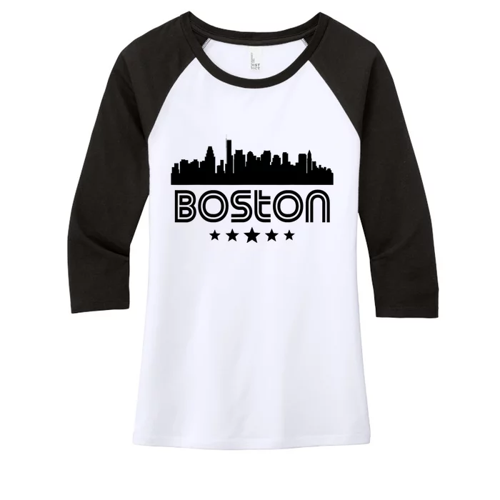 Boston Massachusetts Skyline Retro Style Women's Tri-Blend 3/4-Sleeve Raglan Shirt