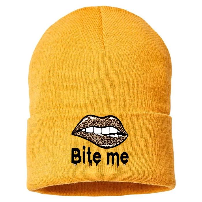 Bite Me S Bite Me Great Gift Leopard Lip Bite Me Gift Sustainable Knit Beanie