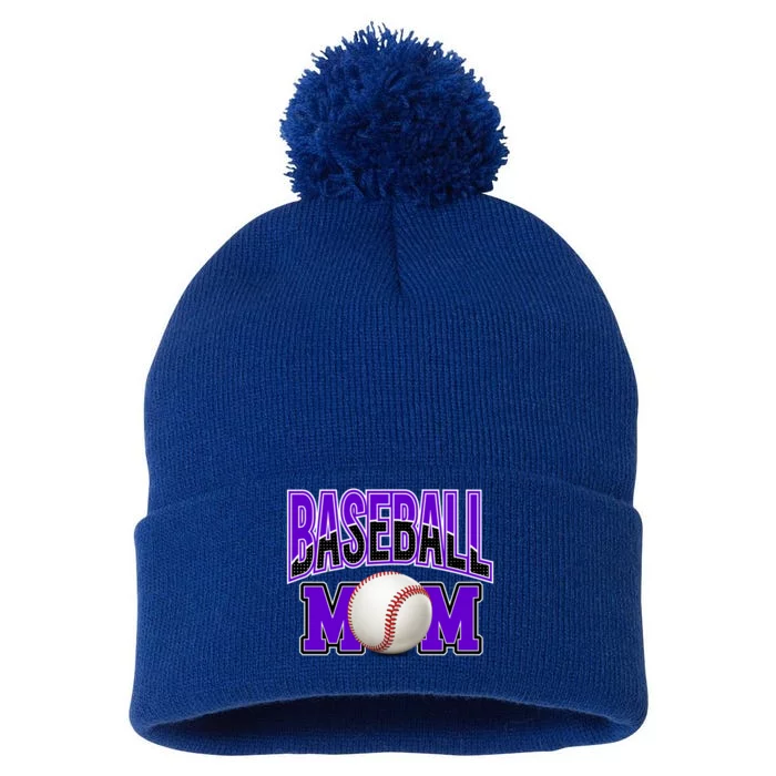 Baseball Mom Sports Purple Black White Cute Gift Pom Pom 12in Knit Beanie