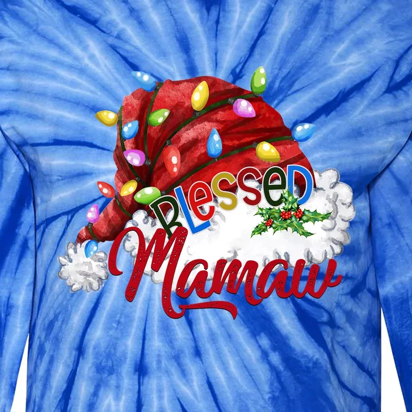 Blessed Mamaw Santa Hat Xmas Light Gift Tie-Dye Long Sleeve Shirt