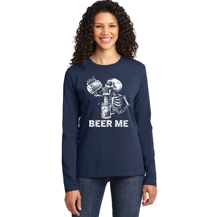 Beer Me Skeleton Scary Spooky Drinking Party Gift Ladies Long Sleeve Shirt