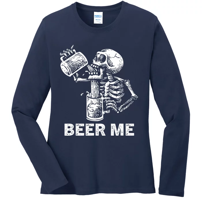 Beer Me Skeleton Scary Spooky Drinking Party Gift Ladies Long Sleeve Shirt