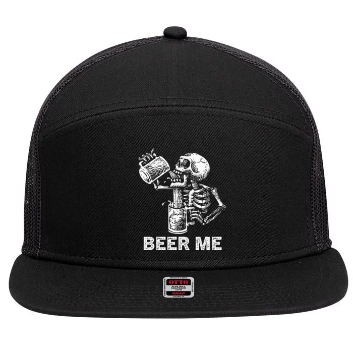 Beer Me Skeleton Scary Spooky Drinking 7 Panel Mesh Trucker Snapback Hat