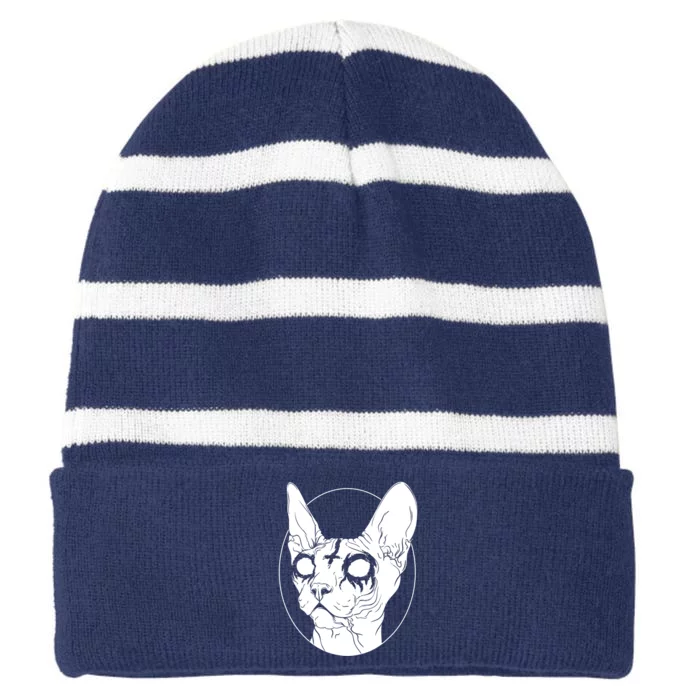 Black Metal Sphynx Cat I Goth And Death Metal Striped Beanie with Solid Band