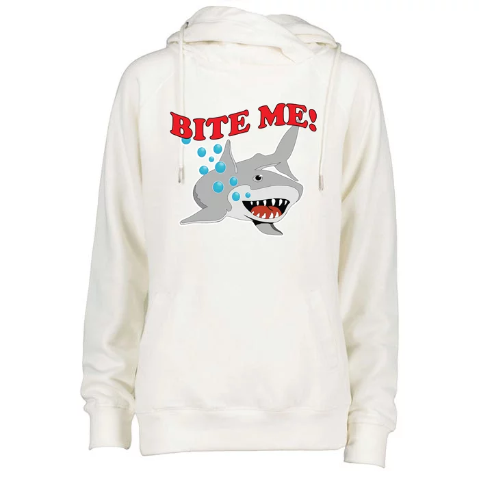 Bite Me Shark Funny Shark Humor Gift Womens Funnel Neck Pullover Hood