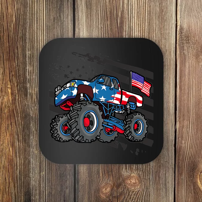 Boy Monster Truck Lover American Flag Racing USA Patriotic Coaster