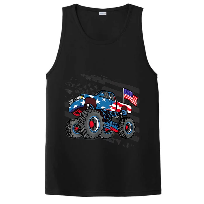 Boy Monster Truck Lover American Flag Racing USA Patriotic Performance Tank