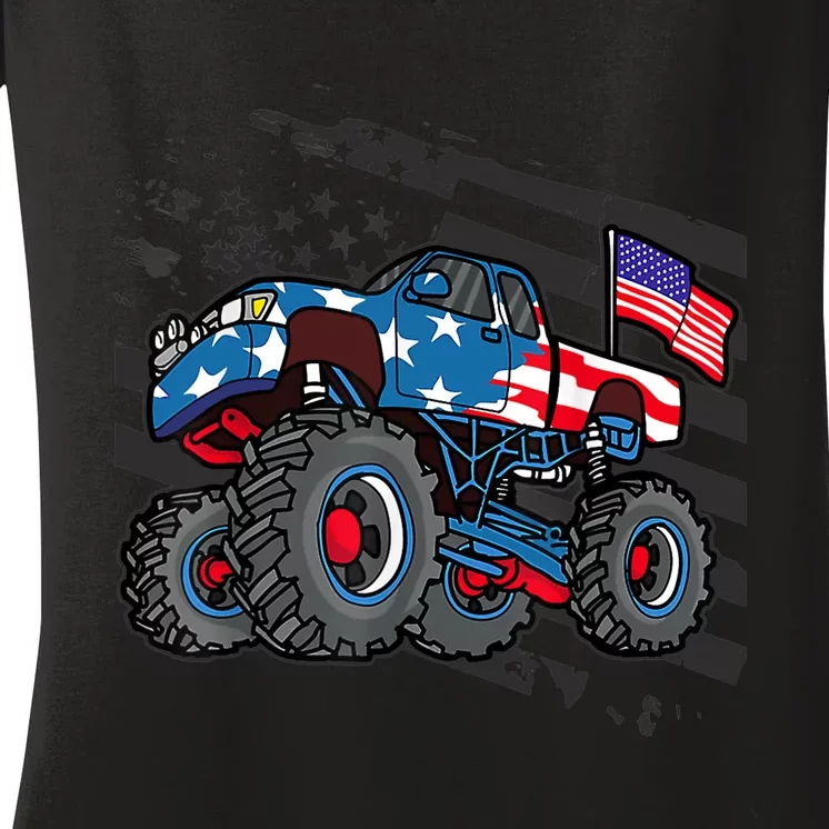 Boy Monster Truck Lover American Flag Racing USA Patriotic Women's V-Neck T-Shirt