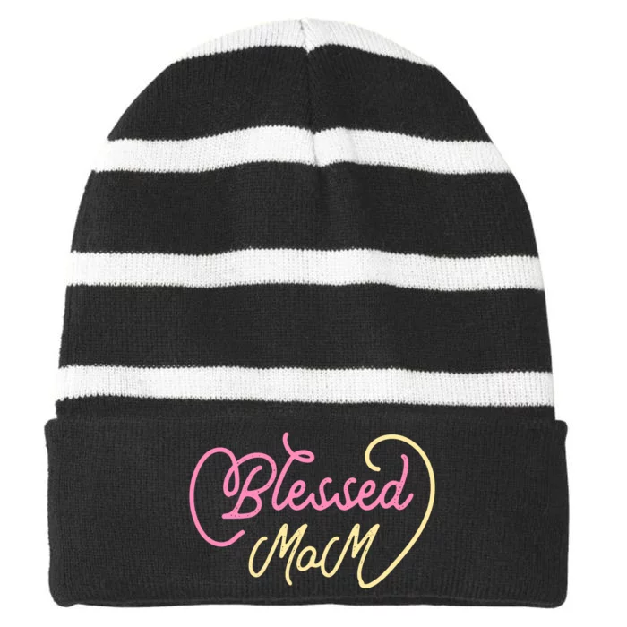 Blessed Mom T Striped Beanie with Solid Band