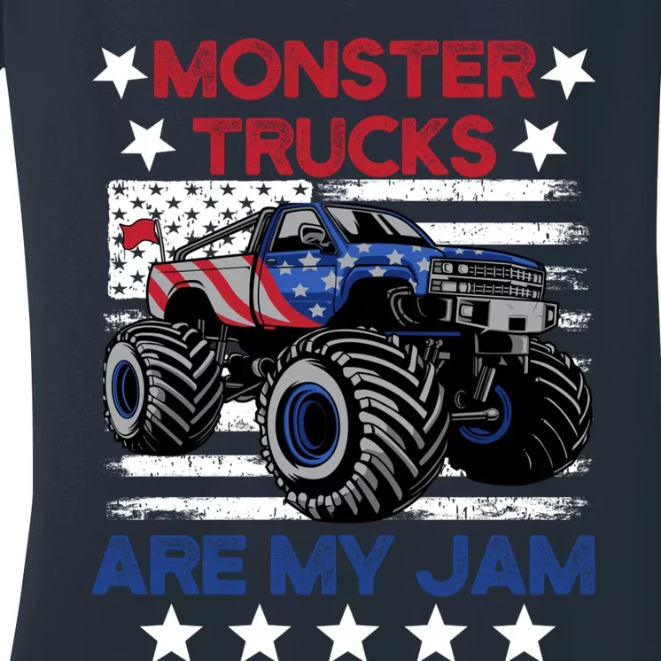 Boy Monster Truck American Flag Racing Usa Patriotic Retro Women's V-Neck T-Shirt