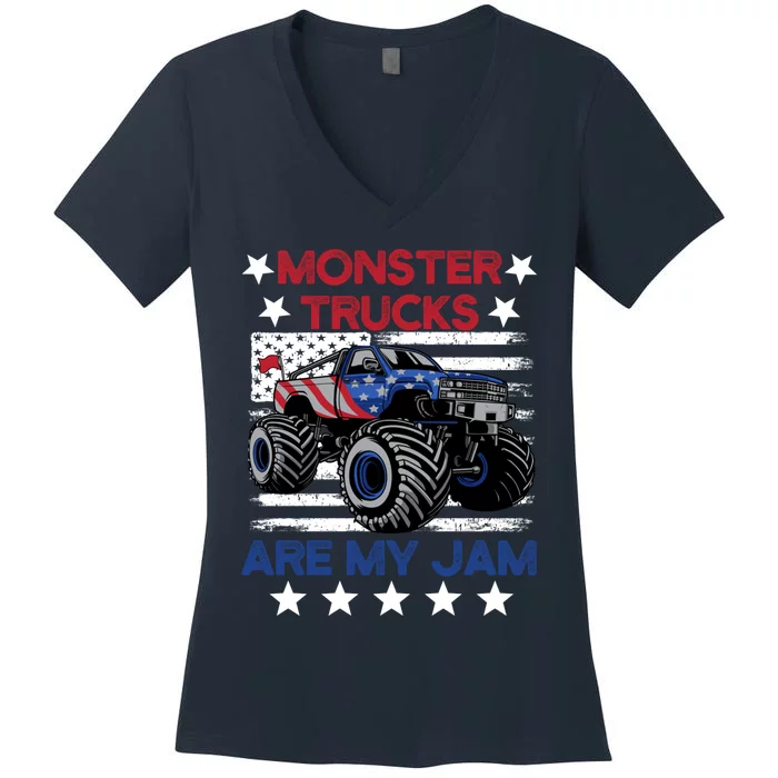 Boy Monster Truck American Flag Racing Usa Patriotic Retro Women's V-Neck T-Shirt