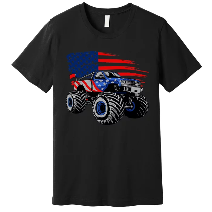 Boys Monster Truck Lover American Flag Racing USA Patriotic Premium T-Shirt