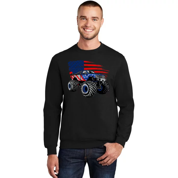 Boys Monster Truck Lover American Flag Racing USA Patriotic Tall Sweatshirt