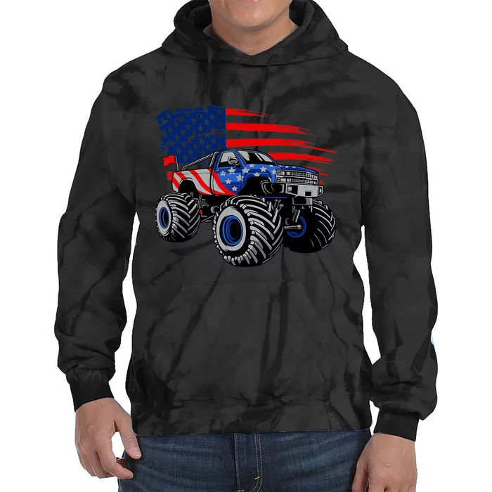 Boys Monster Truck Lover American Flag Racing USA Patriotic Tie Dye Hoodie