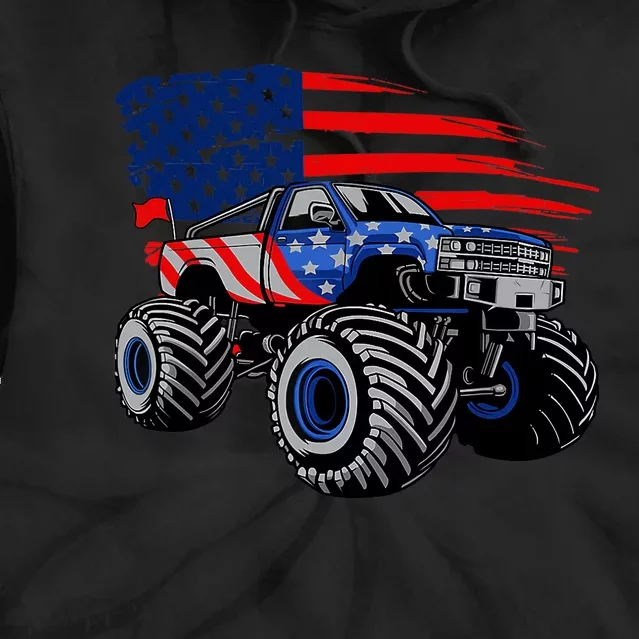 Boys Monster Truck Lover American Flag Racing USA Patriotic Tie Dye Hoodie