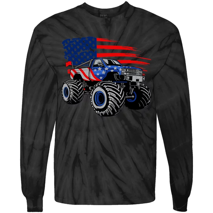 Boys Monster Truck Lover American Flag Racing USA Patriotic Tie-Dye Long Sleeve Shirt