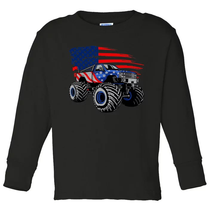 Boys Monster Truck Lover American Flag Racing USA Patriotic Toddler Long Sleeve Shirt