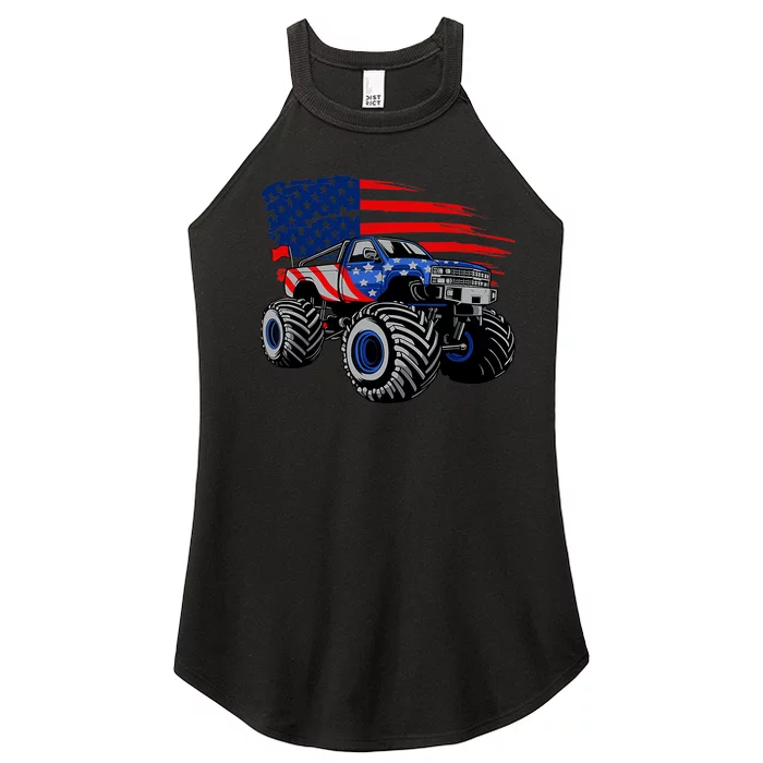 Boys Monster Truck Lover American Flag Racing USA Patriotic Women’s Perfect Tri Rocker Tank