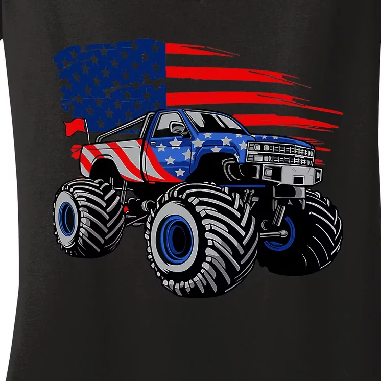 Boys Monster Truck Lover American Flag Racing USA Patriotic Women's V-Neck T-Shirt